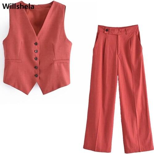 Willshela Women Two Piece Set Solid Single Breasted Vest Fashion Elastic Waist Trouser Chic Lady Casual Woman Outfits Pants Sets