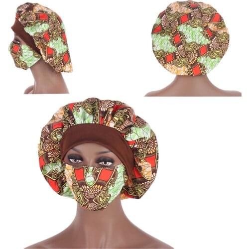 Women Night Sleep Cap with Mask Turban Caps Extra Large Head Wear Headwrap Bonnet Hat Print Satin Soft Girl Hats African Pattern