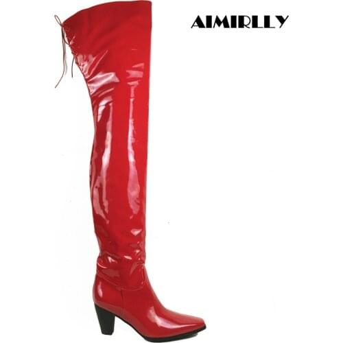 Women Ladies Square Toe Block Heel Over the Knee Boots Ankle Zipper Top Tied Red Patent Leather Winter Long boots Clubwear Dress