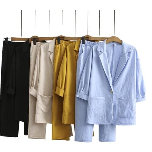 2021 Summer Korean Blazer Set New Large Size Ladies Fashion Suit Cotton And Linen Suit Jacket + Elastic Waist Harem Pants zh1135