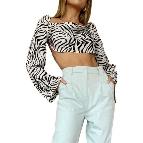 Women Tie-up Crop Tops Adults Zebra-stripe Print Flare Sleeve Square Collar Hollow Out T-shirt