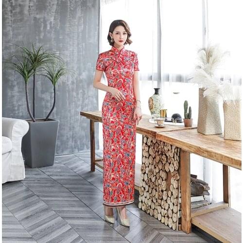 Women Floral Print Cheongsam Improved Summer Vintage Girls Qipao Chinese Style Dress Slim Red Long Dresses