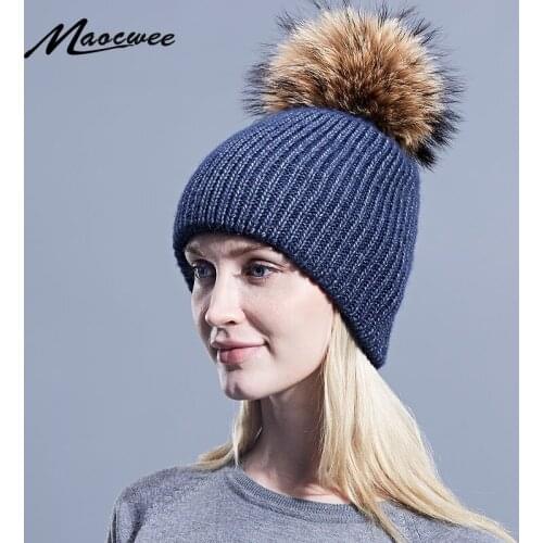 Winter Warm Thick Knitted Wool Hats for Women Fashion Beanies Raccoon Fur Pompom Cap Female Skullies Hat Popular in Russia