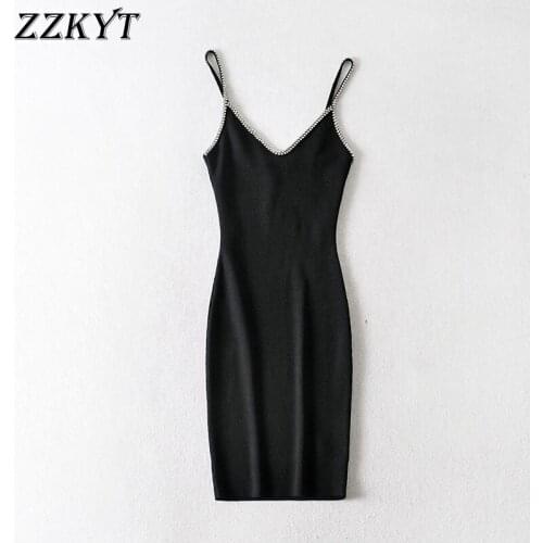 ZZKYT 2021 Women Summer Elegant Slim Solid Knitted Mini Dress Vintage Sexy Sleeveless Backless V-Neck Female Party Dresses Mujer