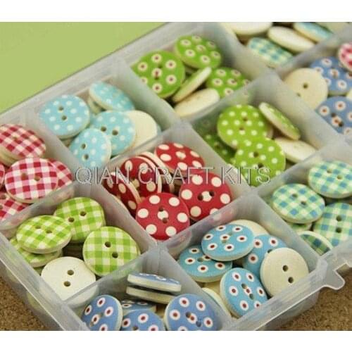 500pcs 15mm 5/8" Painted Polka Dots and rustic Plaids mixed Wood Buttons 2 Holes Sew On Buttons
