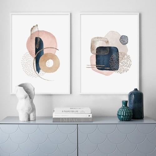 Abstract Watercolor Pink Beige Navy Blue Boho Geometric Canvas Painting Poster Print Wall Art Picture for Living Room Home Decor