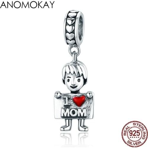Anomokay 100% Authentic 925 Sterling Silver I Love Dad Lovely Boy Charm Pendant fit Bracelet Bangle S925 Dangle Jewelry