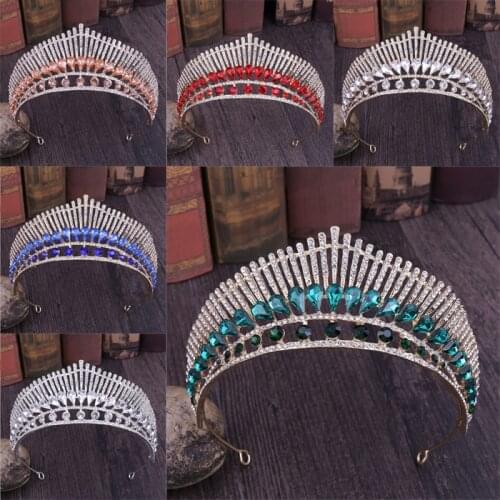 Baroque Handmade Crystal Hair Crown Tiara Red green Queen Rhinestone Hair Ornaments Hairband Prom Bride Wedding Accessories