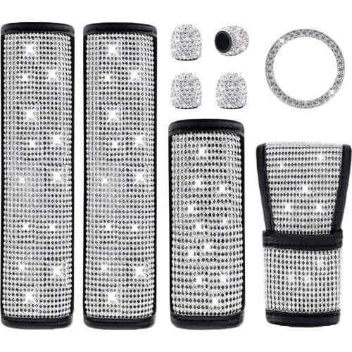 Bling Car Accessories Set, Seat Belt Covers, Rhinestones Gear Shift Cover,Handbrake Cover,Engine Sticker,Valve Stem Caps
