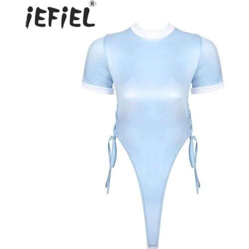 Women Solid Short Sleeve Bodysuit Lace-up Leotard Sexy Lingerie Jumpsuit Exotic Teddies Sissy Underwear Clubwear for Nightclub