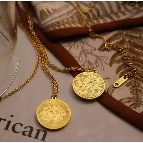 Bohemian Goddess Pendant Necklace For Women Vintage Hand Carved Sun Moon Accessories Gold Stainless Steel Jewelry Female Choker