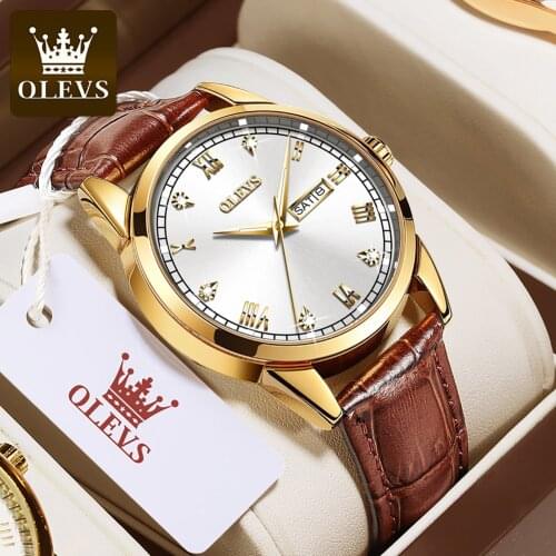 OLEVS 2021 New Best Selling Mens Watches Luminous Dual Calendar Leather Waterproof Sport Quartz Watch For Men Relogio Masculino