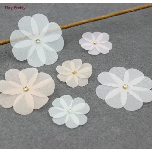 20PCS White Organza Fabric Flower Appliques 35mm-52mm With Rhinestone for Wedding Party Decoration, Bridal Hair Pins