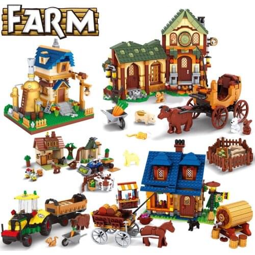 Farm Cottage Village Market house Animals Model Tractor Harvester Horse Carriage building blocks DIY brick Toy creative MOC idea