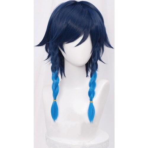 Genshin Impact Venti Cosplay Wig Blue Braid Heat Resistant Synthetic Hair Anime Cosplay Wigs + Wig Cap