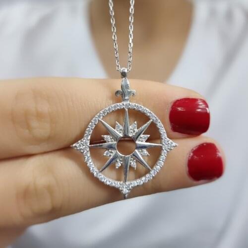 Compass 925 Sterling Silver, Gold, Rose Plated Zircon Necklace For Women Girls Handmade Fashion Jewelry Elegant Minimalist