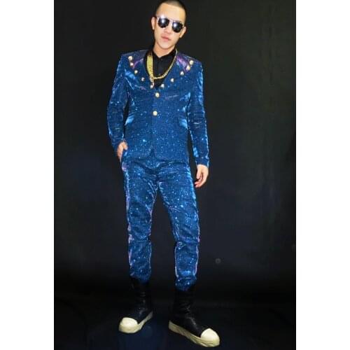 New Fashion Mens Blue Sequins Suits Costumes Nightbar Stars Male singer DJ ds Slim Suits Party Stage Dance Dress