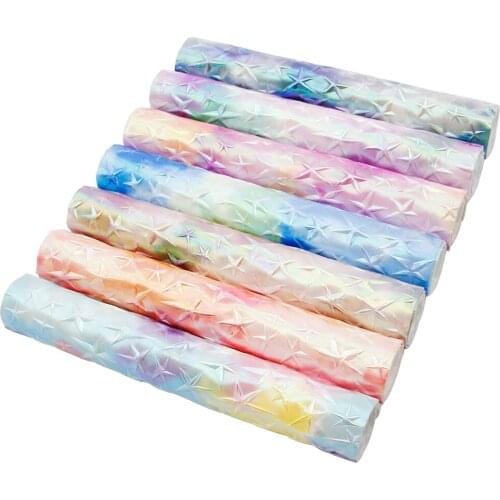 Tie Dye Faux Leather Sheets Gradient Rainbow Color Star Embossed Synthetic Leather Fabric 20x33cm for DIY Pouches Bags