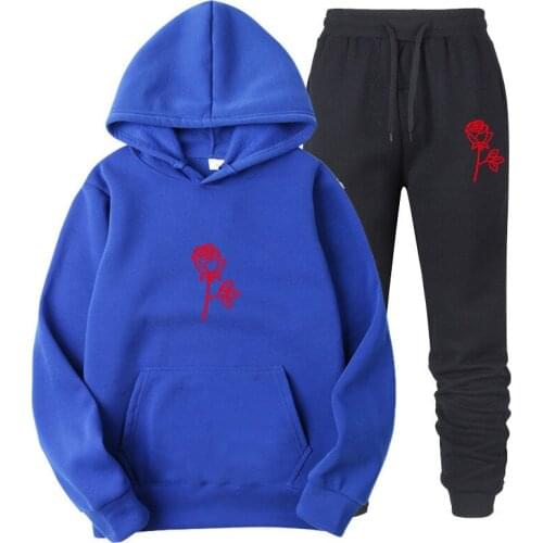 Men Sets Hoodies+Pants Autumn Winter Sweatshirt Jogging Sweatpants Fashion Rose Flower Print Slim Unisex Suit Hip Hop Pullover