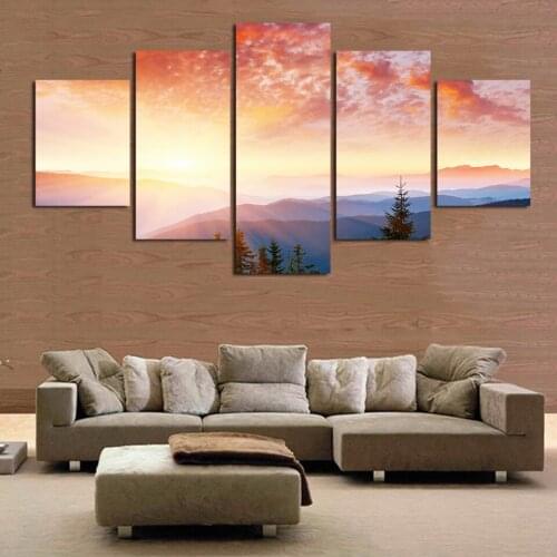 Wall Art Framework Canvas 5 Panel Sunrise Mountains Red Cloud View Paintings Posters Home Decor Artwork Modern HD Printed