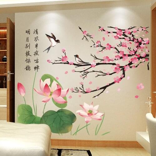 New Chinese Style Plum Blossom Lotus Wall Sticker 3D Stereo Self Adhesive Art Mural Living Room Sofa TV Backdrop Wall Decoration