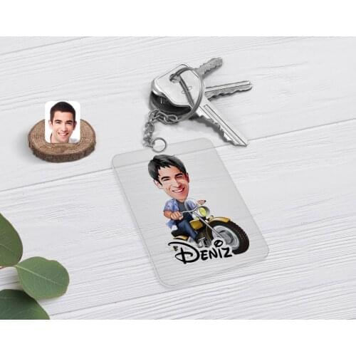 Personalized Men 'S Biker Caricature Of Transparent Plexiglass keychain