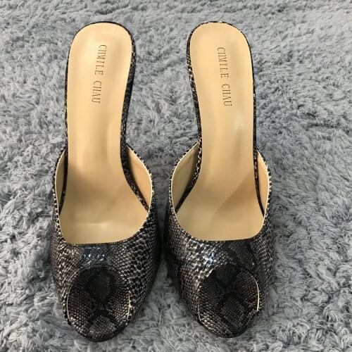 Sexy Black Snakeskin Slide Sandals High Heel Popular Dress Party Women Sandals Summer New Peep Toe Stiletto 11cm Heels Shoes