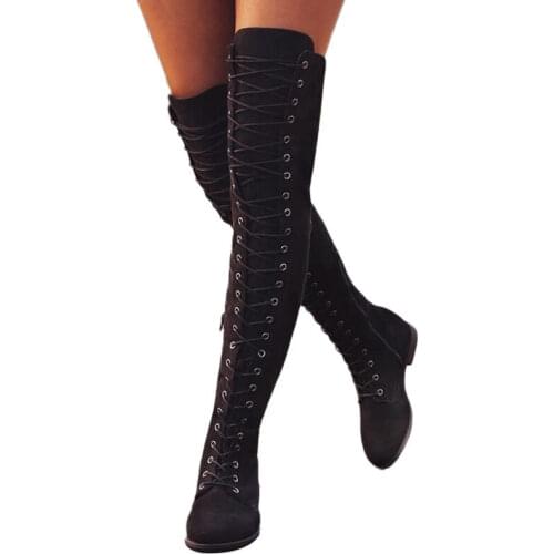Sexy Womens Boots Thigh High Boots Lace Up Rubber Suede Women Shoes Rome style Over The Knee Boot For Women Female Shoes