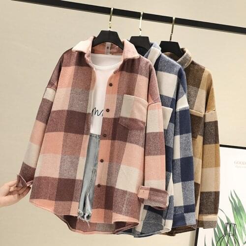 Winter Thick Woolen Plaid Shirts Coat Womens Blouses And Tops Long Sleeve Lady Loose Checked Female Clothing Outwear Plus Size