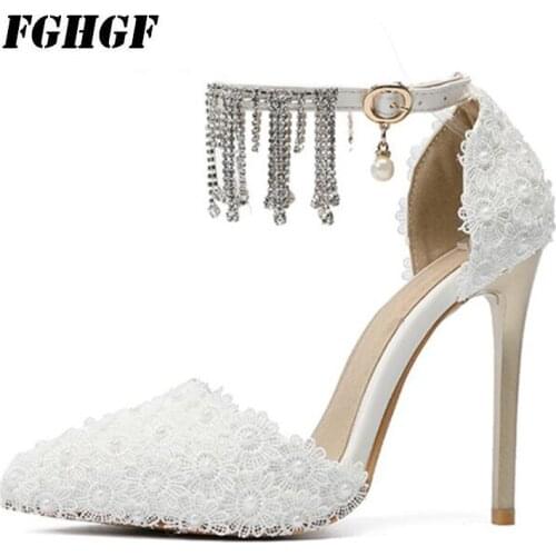 Sandals stilettos White lace toe shoes Female high-heeled shoes fashion sexy The banquet Womens shoes Big yards 32 to 47