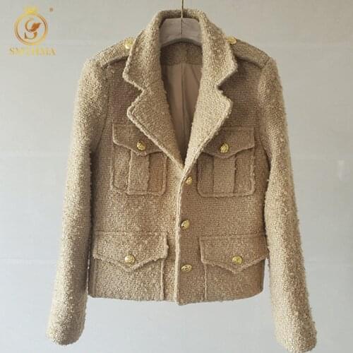 SMTHMA 2021 New Arrival Autumn And Winter French Coffee Color Vintage Style Wool Short Coat Female Clothes