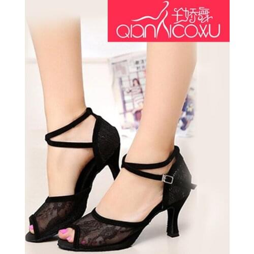 Ballroom Shoes Black Lace Sexy Latin Dance Shoes Female Adult Summer Friendship Square Dancing Sandal High Heel Soft Bottom 6220