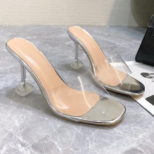 Summer Women Shoes Transparent High Heels Sexy Hollow Breathable Slippers Ladies Fashion Square Toe Female Clear Heels Slides