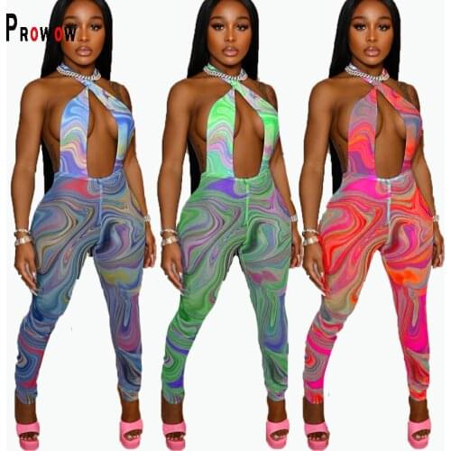 Prowow Sexy Mesh Women Jumpsuits 2021 New Halter Backless One Piece Romper for Lady Summer Print Female Hollow Out Outfits