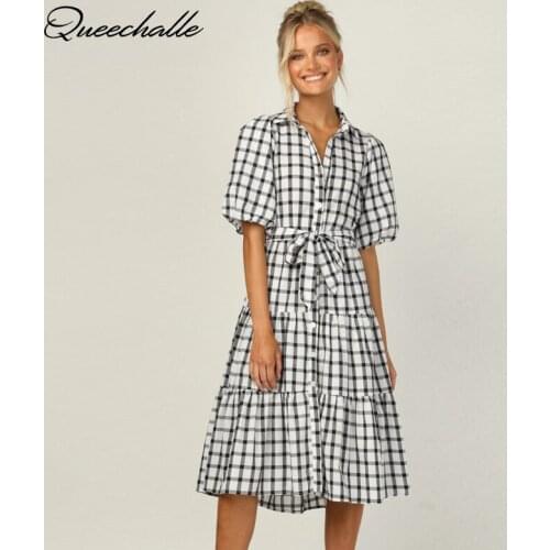 Black Plaid Dresses for Women 2021 Summer Dress Single Breasted Turn-down Collar A-line Dress Ruffle Lantern Sleeve Party Dress