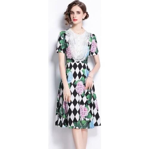 2021 Autumn Fashion Geometry Floral Midi Dress For Women Runway Pearl Buttons Lace Mesh Embroidery Stitching Party Vestidos