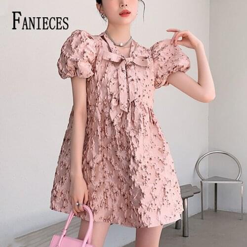FANIECES Summer Dress Women Puff Sleeve Embroidery Ruched A Line Mini Dresses French Palace Style Bow Knot Collar Retro Vestidos