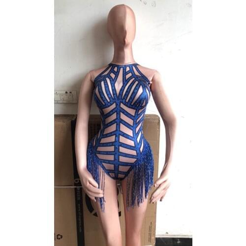 2020 Tassel Women Sexy Bodysuit Sparkling Crystals Chest Nightclub Party Stage Wear Costumes Dancer Singer Clothing Celebrate