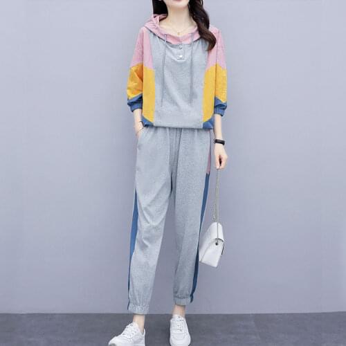 2020 Spring Stitching Color Tracksuit Womens Casual Sports Suit and Sweatpants Jogging Femme 2 Pieces Set Plus Size 4XL F31