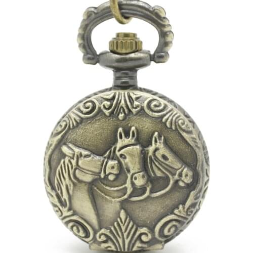 3037)Vintage Bronze Horses Pocket Watch Necklace, 12pcs/lot, free ship, 2.7cm