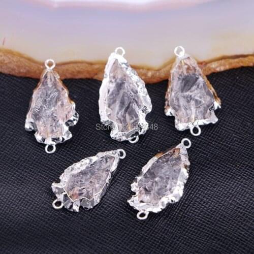 5PCS ZYZ134-4813 Nature Crystal Quartz Arrowhead Connector Beads, Silver Color Arrow Stone Beads