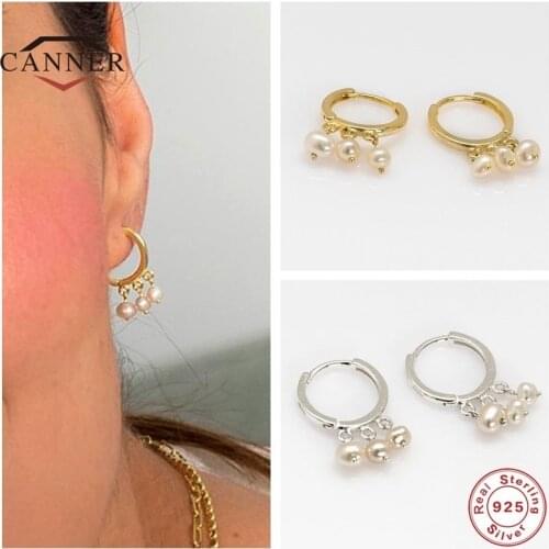 CANNER Real 925 Sterling Silver Small Pearl Hoop Earrings For Women Round Piercing Earring 925 Silver Jewelry Gift Pendientes