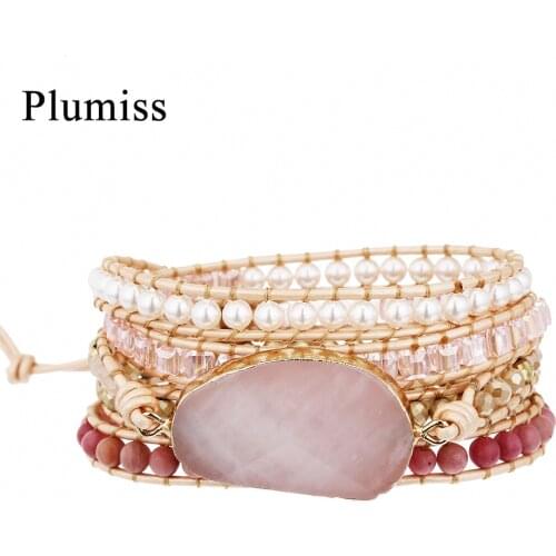 Plumiss Rose Quartzs Wrap Bracelet for Woman Amethysts Rhodonite Hematite Luxury Freshwater Pearl Boho Bracelets Femme Jewelry
