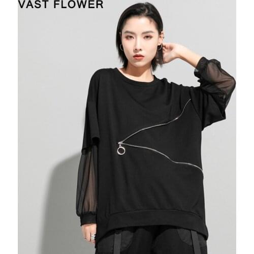 Black Zipper Patchwork Mesh T-Shirt Women New Loose Casual Long Sleeve Tee Tshirt Femme Tops Clothes Fashion Spring Summer 2021