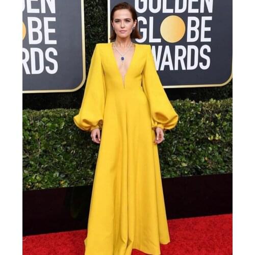 Long Yellow Satin A-Line Evening Dresses with Pockets Zipper Back V-Neck Arabic Formal Floor Length Party Dress for Women