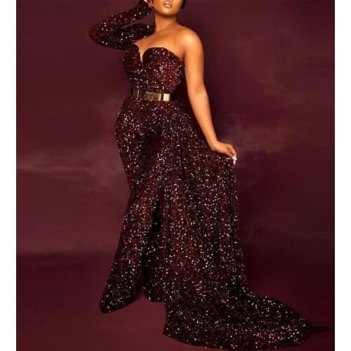 Burgundy Elegant woman Jumpsuits Sequins One Shoulder Straight Tailing Pants Pantsuit Bodysuit Overalls Evening Party Women Suit