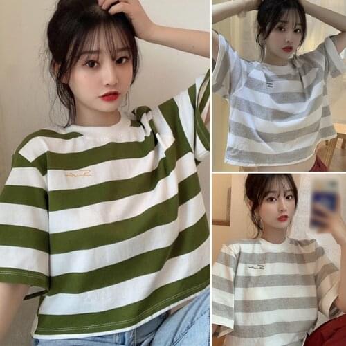 Summer Korean Style Striped Tee Shirt Short Sleeve Women Sweet O Neck Tshirt Tops Womens Clothing