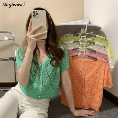 Cardigan Women 5 Colors Hollow Out Simple Solid Design Cropped V-neck Single Breasted Summer Slim All-match Preppy Soft Ins Chic