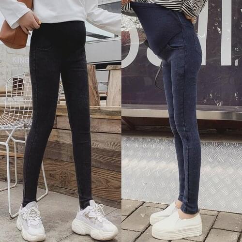 Korean fashion pregnancy stomach lift pants autumn and winter new pregnant women high-elastic fried flower feet jeans