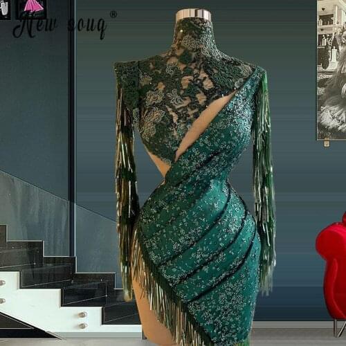 Abendkleider Dark Green Tassels Beads Short Prom Dresses High Neck Long Sleeve Satin Evening Gowns Zipper Back Party Dress